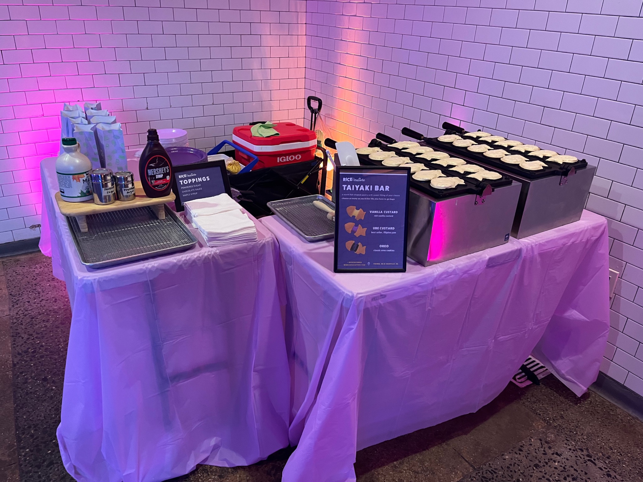 Rice Culture live taiyaki bar set up with grills and a serving station
