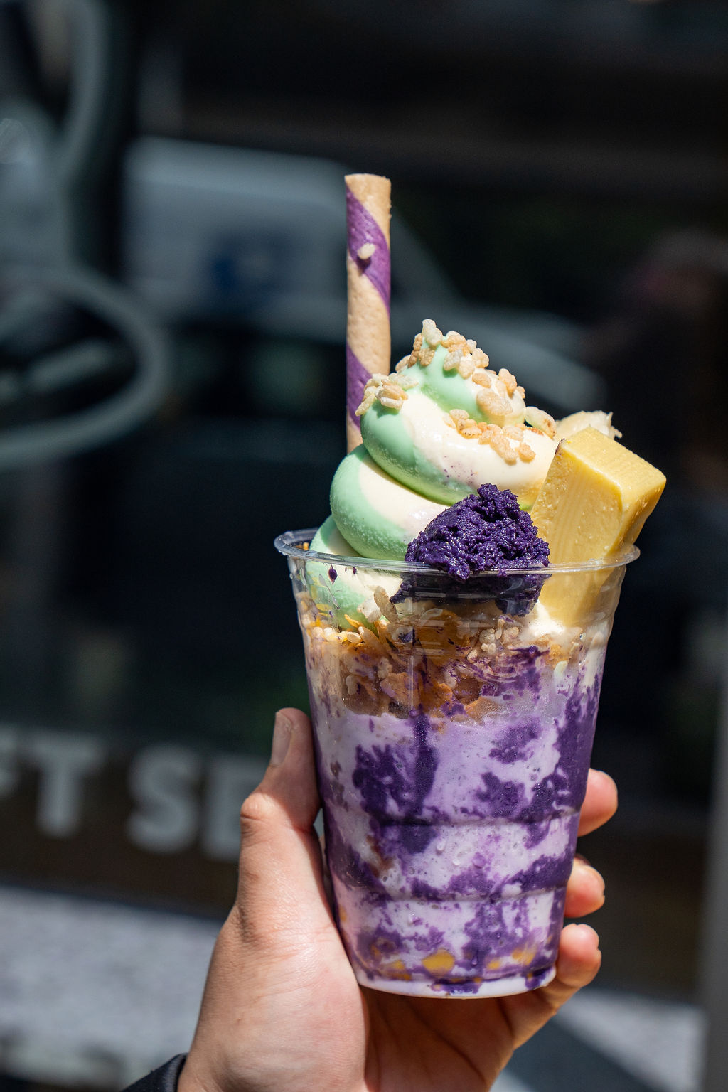 Rice Culture halo-halo topped with soft serve, ube and flan